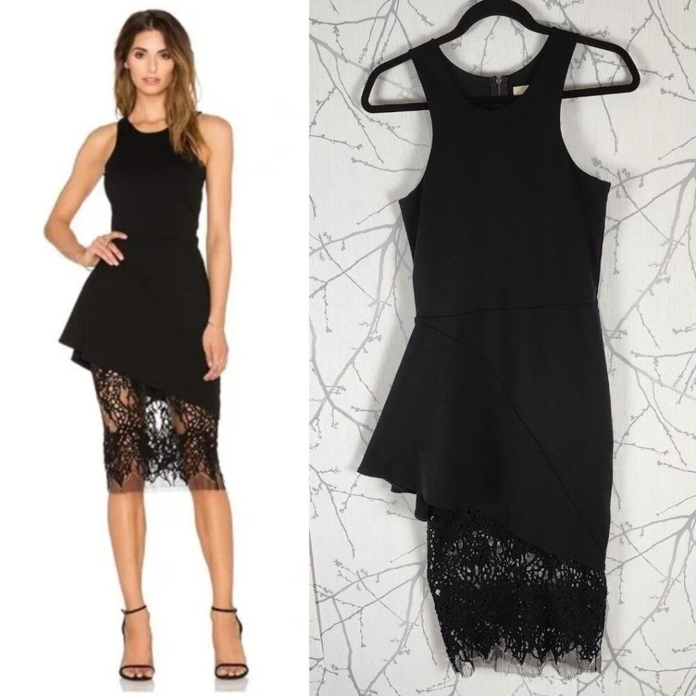 Michelle Mason Black Stretch Knit Asymmetrical Lace Hem Dress